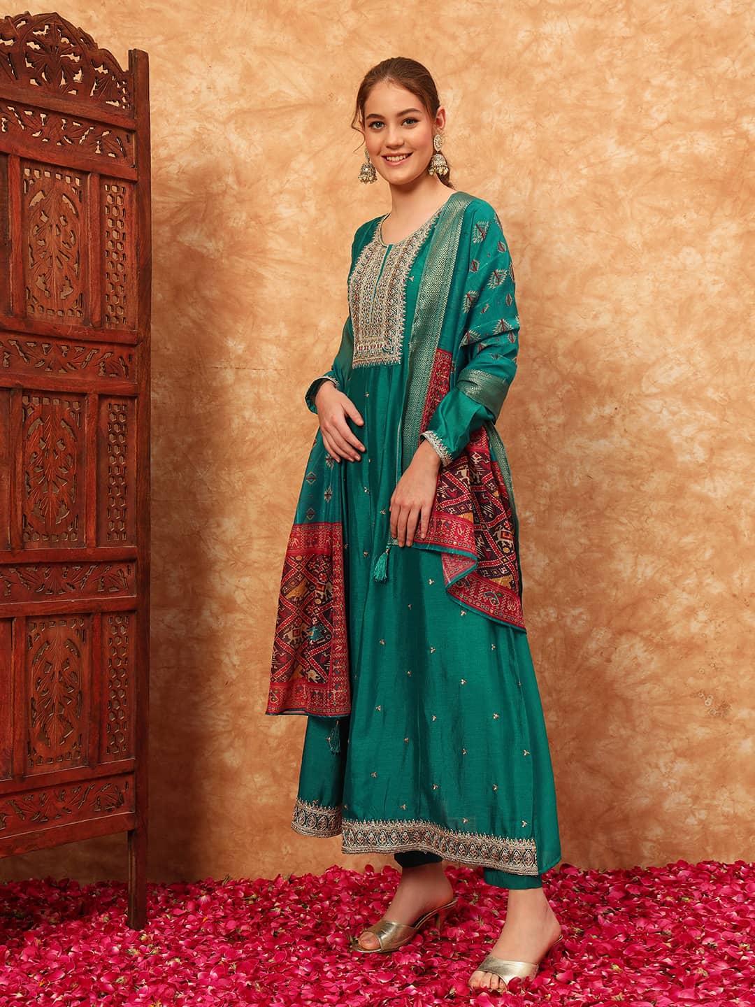 Women's Embroidered Silk Kurta, Pyjama & Dupatta Set