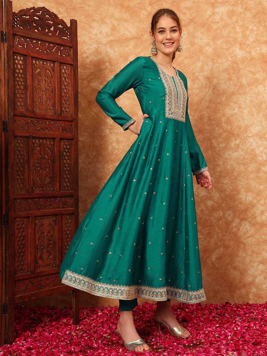 Women's Embroidered Silk Kurta, Pyjama & Dupatta Set