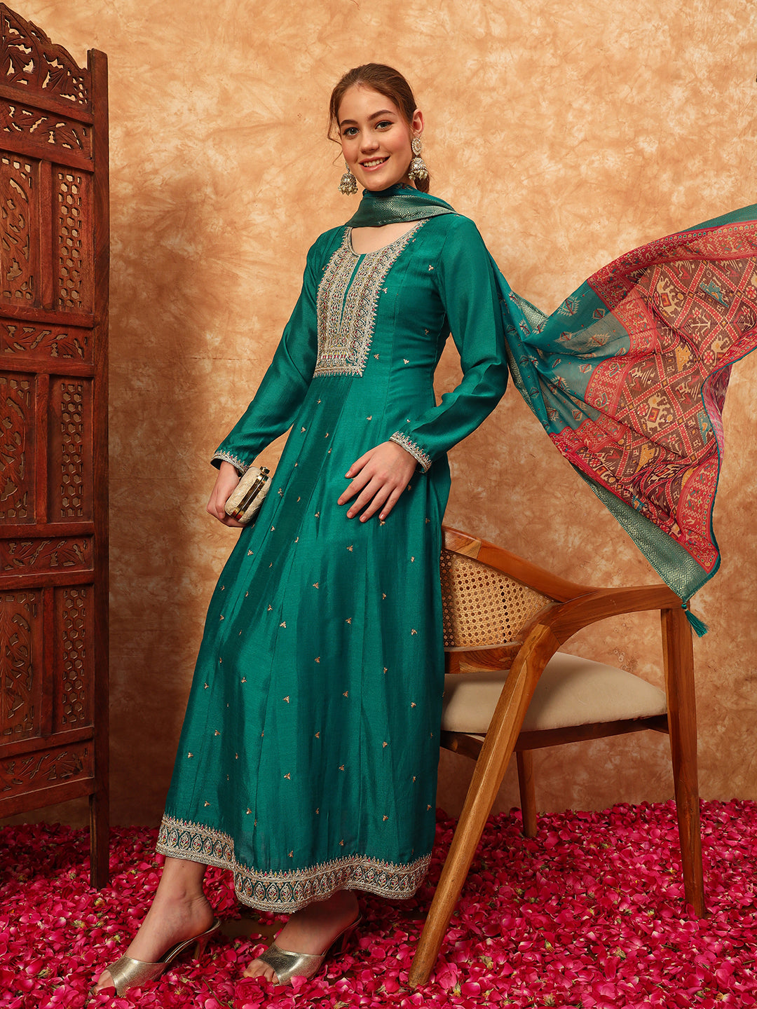 Women's Embroidered Silk Kurta, Pyjama & Dupatta Set
