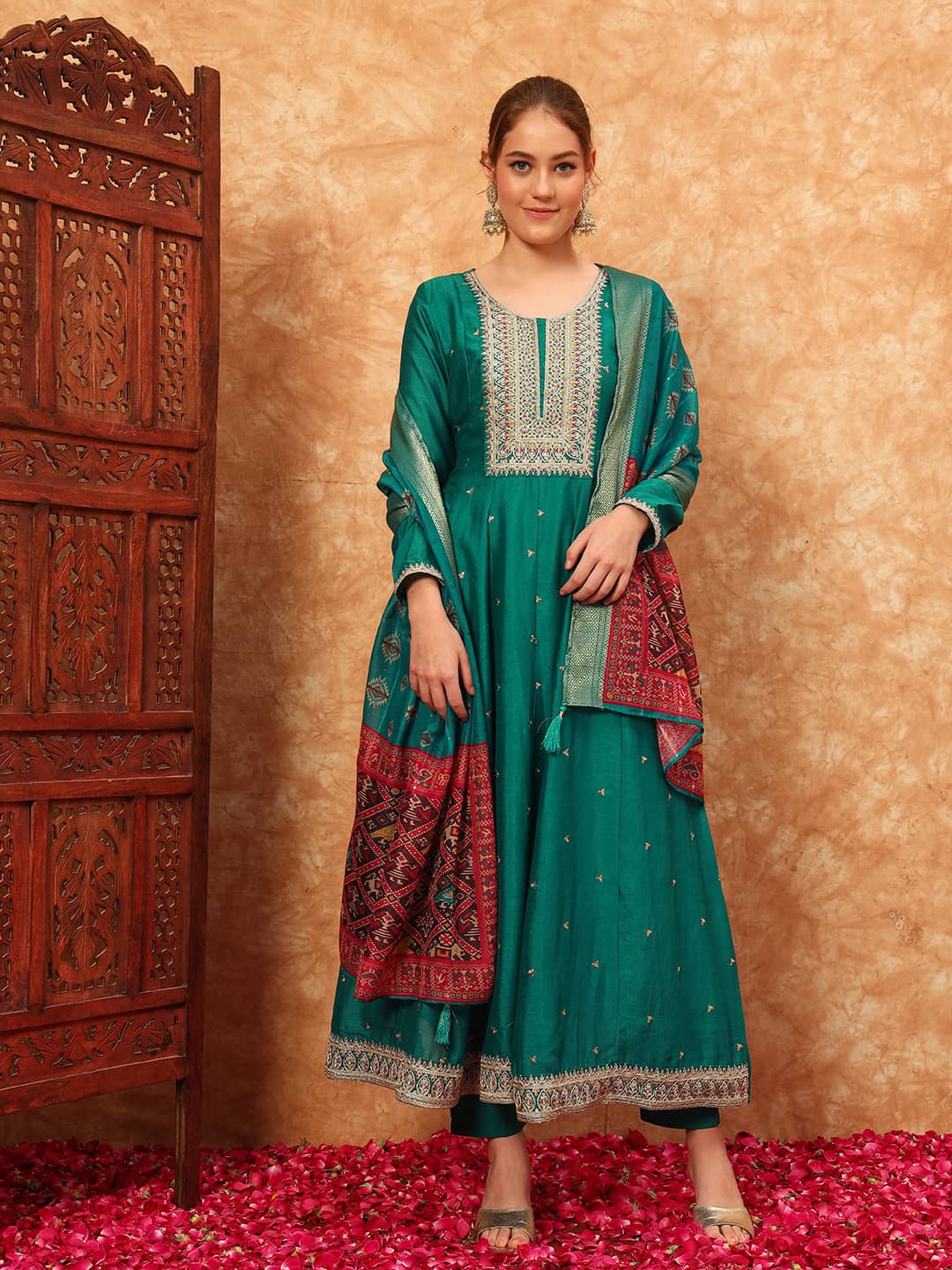 Women's Embroidered Silk Kurta, Pyjama & Dupatta Set