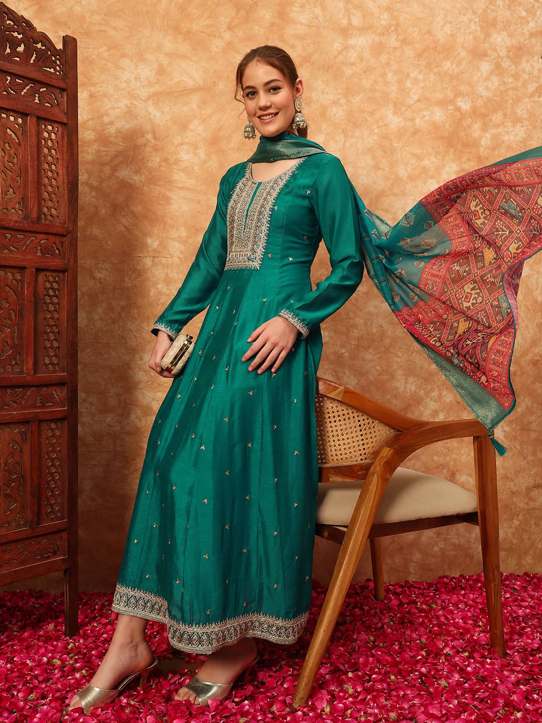 Women's Embroidered Silk Kurta, Pyjama & Dupatta Set