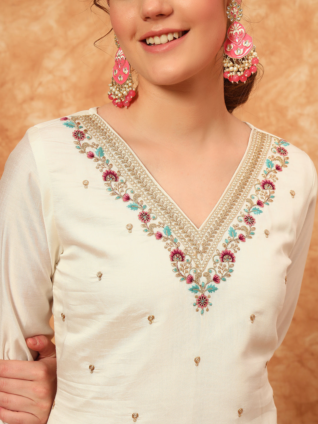 Women's Embroidered Silk Kurta, Pyjama & Dupatta Set