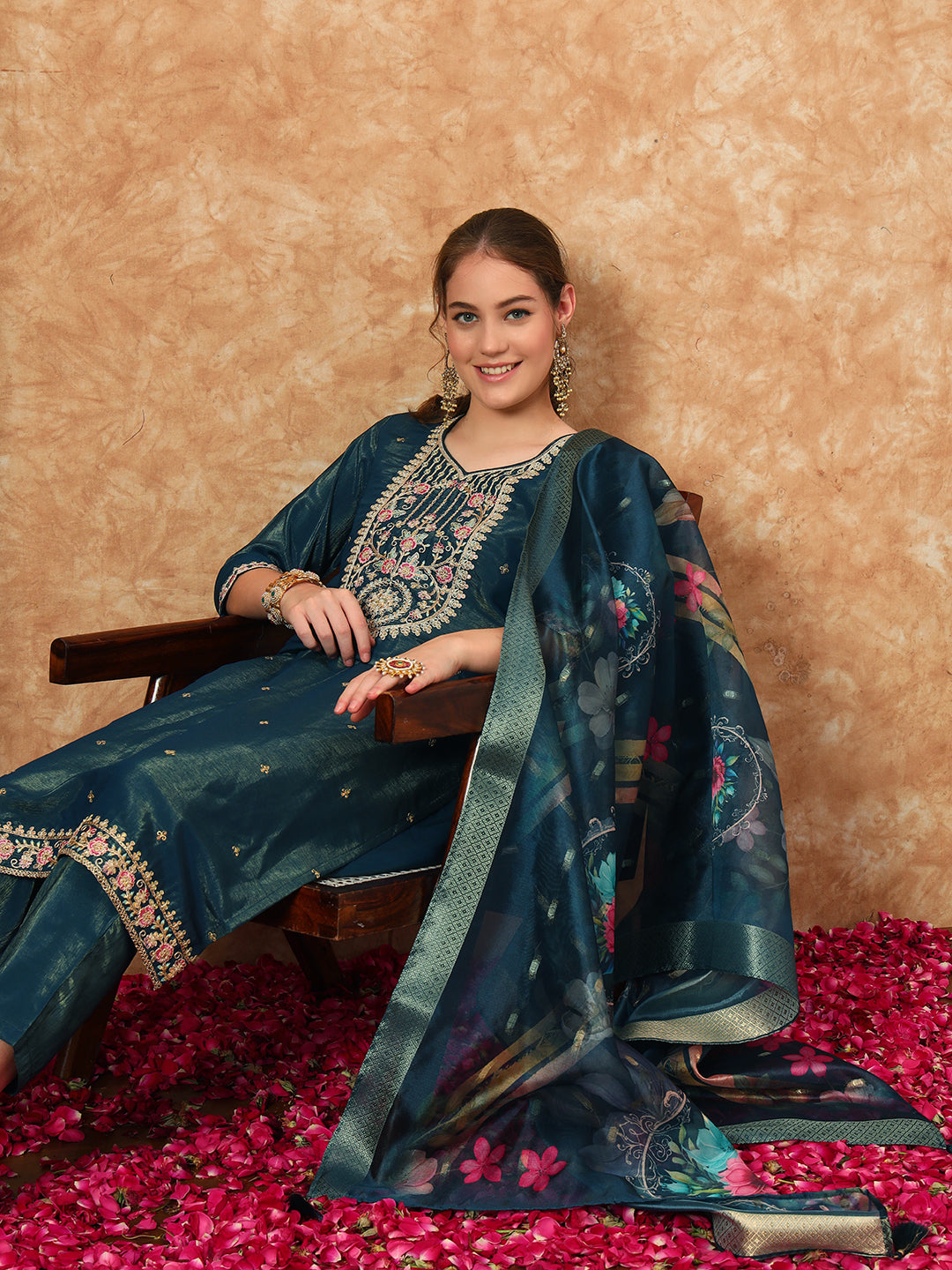 Women's Embroidered Silk  Kurta, Pyjama & Dupatta Set