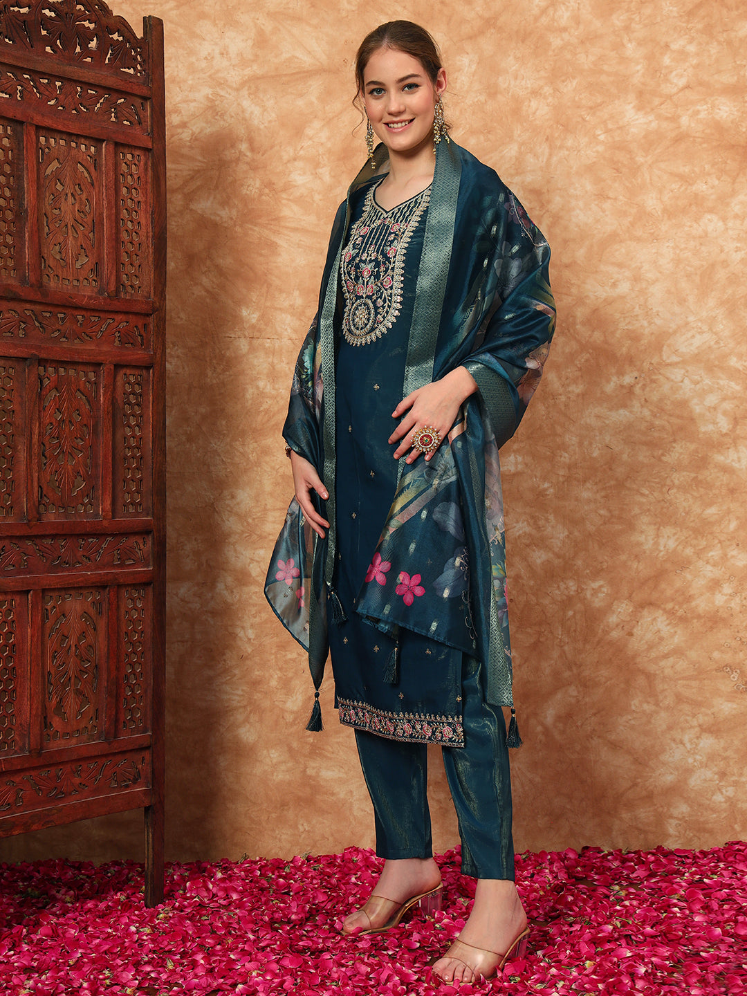 Women's Embroidered Silk  Kurta, Pyjama & Dupatta Set