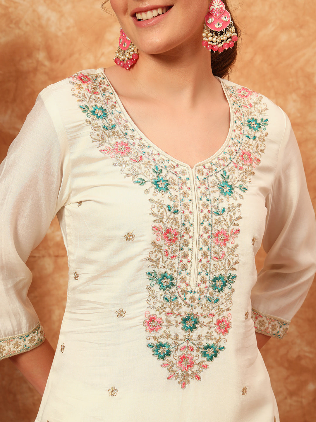 Women's Embroidered Silk Kurta, Pyjama & Dupatta Set