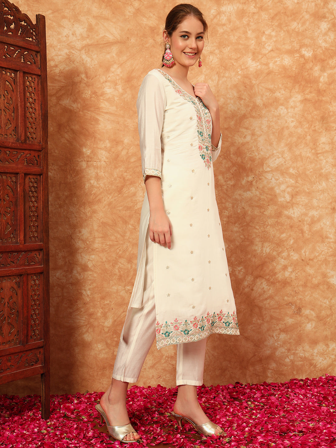Women's Embroidered Silk Kurta, Pyjama & Dupatta Set