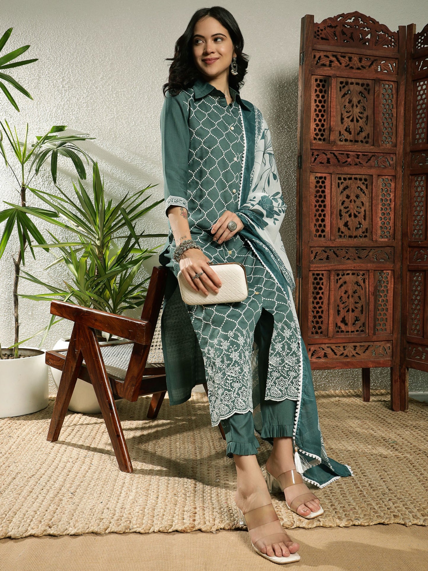 Aqua Green Checkered Viscose Women's Kurta, Pyjama & Dupatta Set