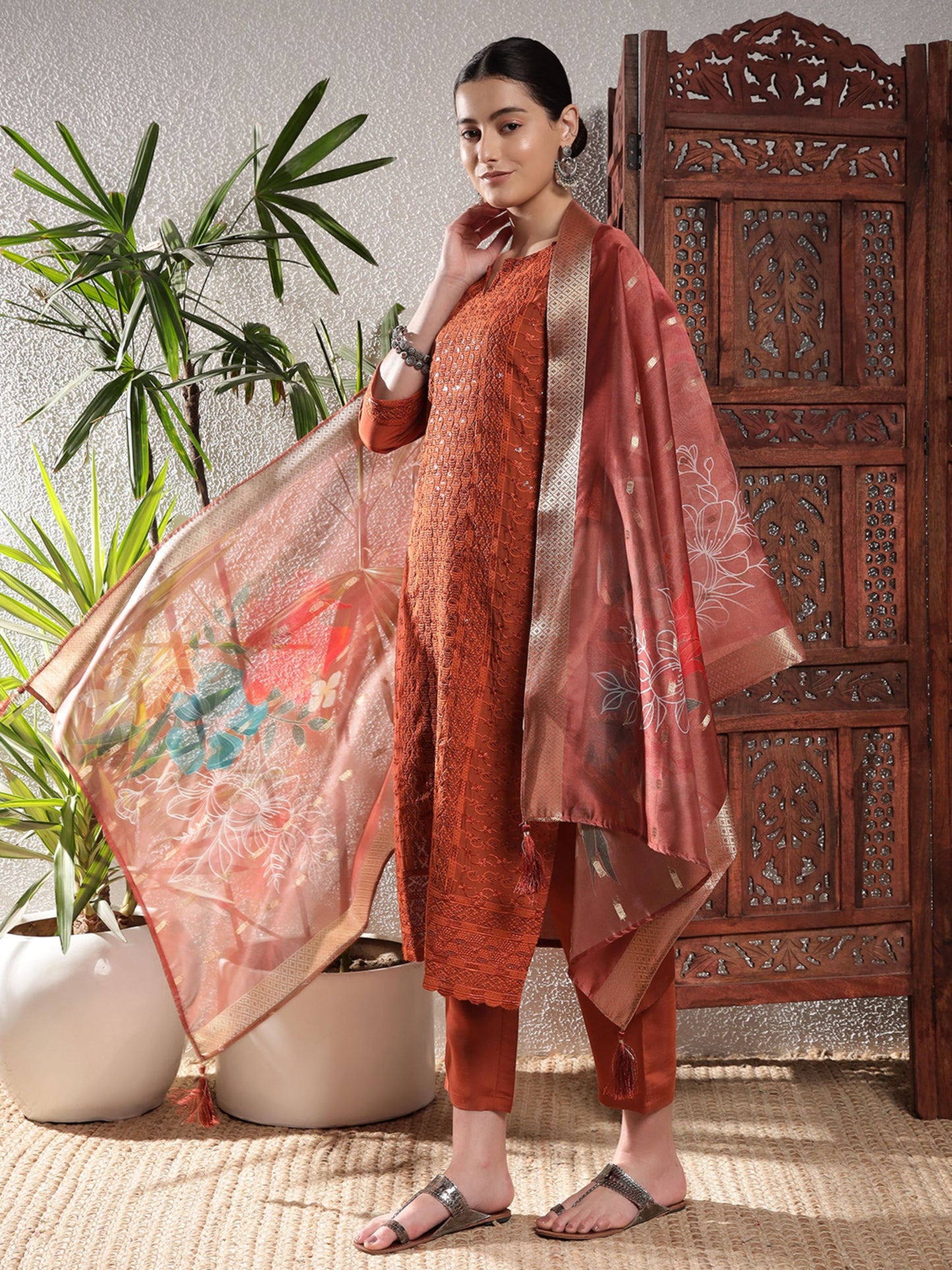 Rust Orange Embroidered Silk Women's Kurta, Pyjama & Dupatta Set