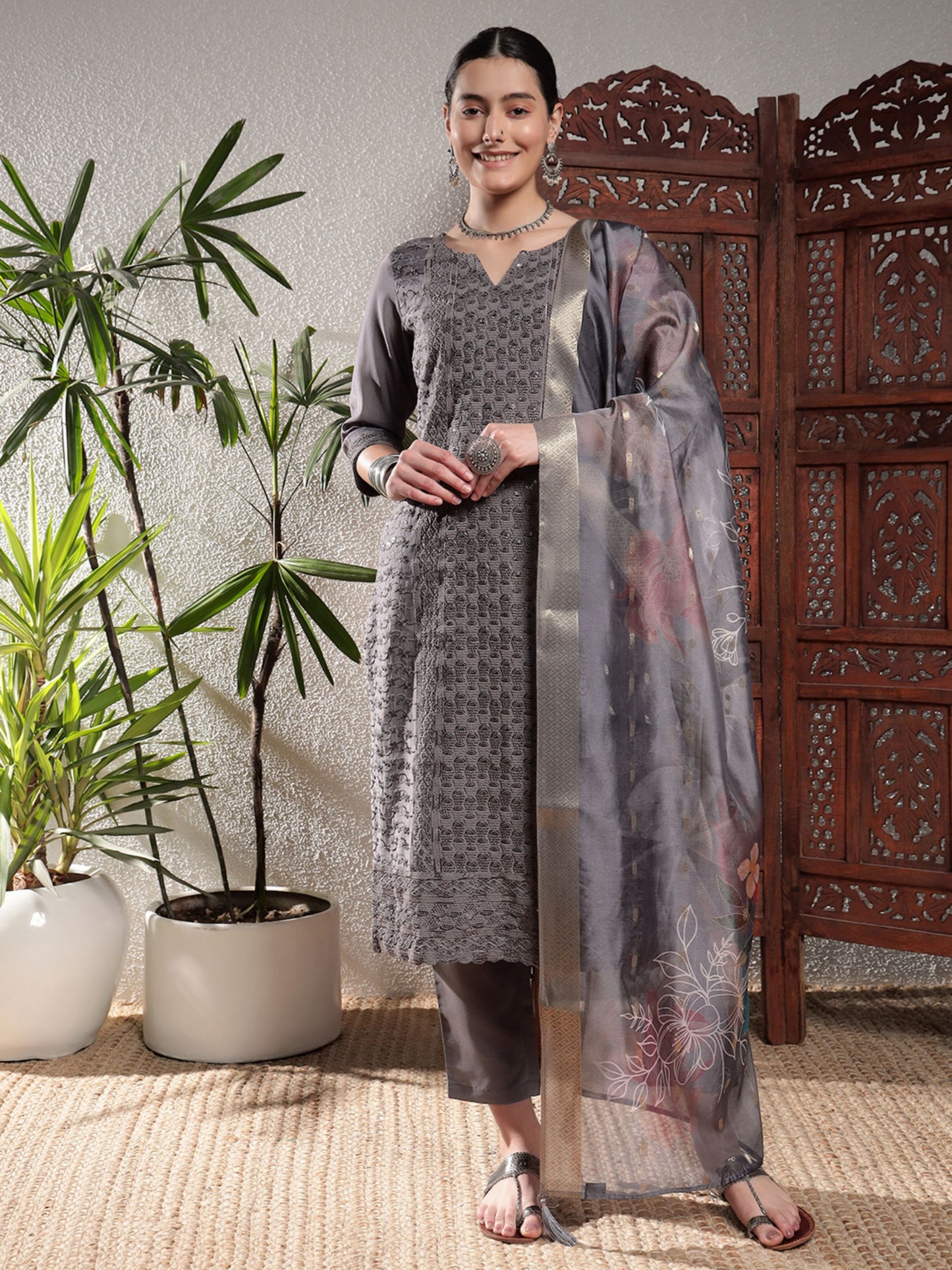 Rust Orange Embroidered Silk Women's Kurta, Pyjama & Dupatta Set