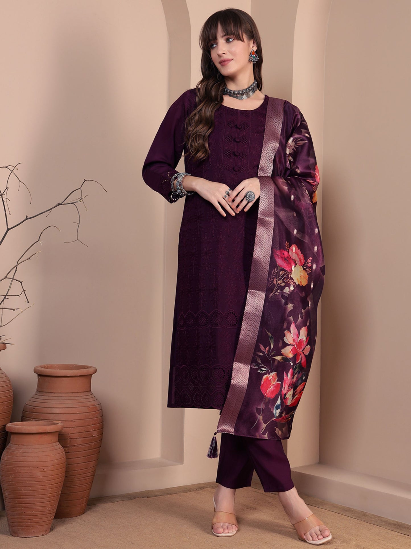 Wine Embroidered Viscose Women's Kurta, Pyjama & Dupatta Set