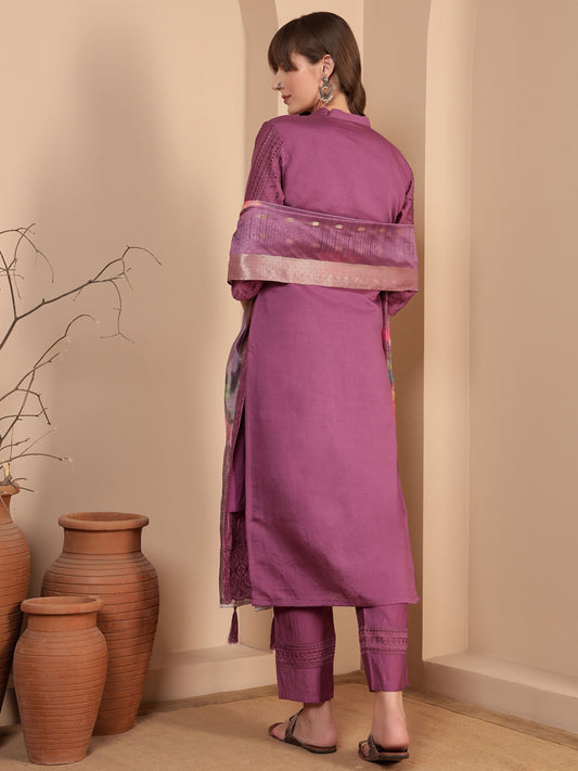 Deep Ruby Embroidered Viscose Women's Kurta, Pyjama & Dupatta Set