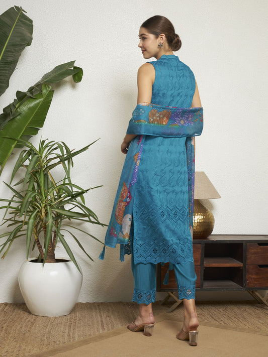 Dark Cyan Embroidered Silk Women's Kurta, Pyjama & Dupatta Set