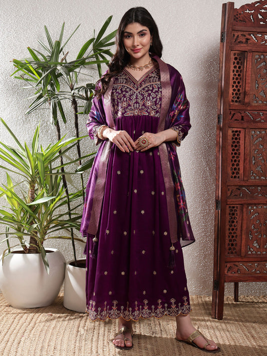 Dark Purple Embroidered Silk Women's Kurta, Pyjama & Dupatta Set