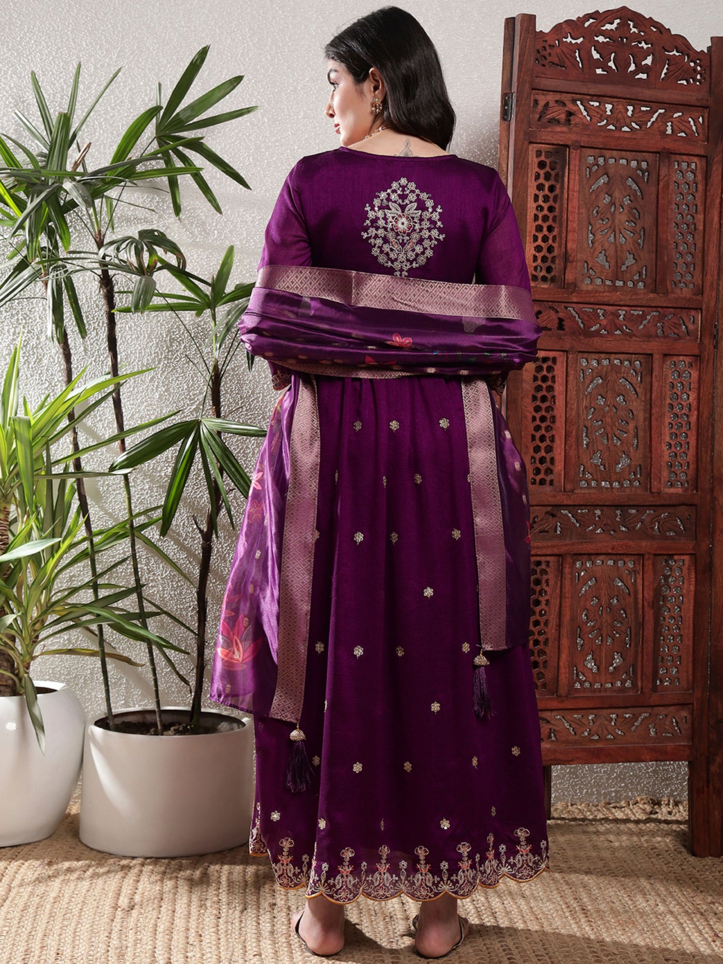 Dark Purple Embroidered Silk Women's Kurta, Pyjama & Dupatta Set