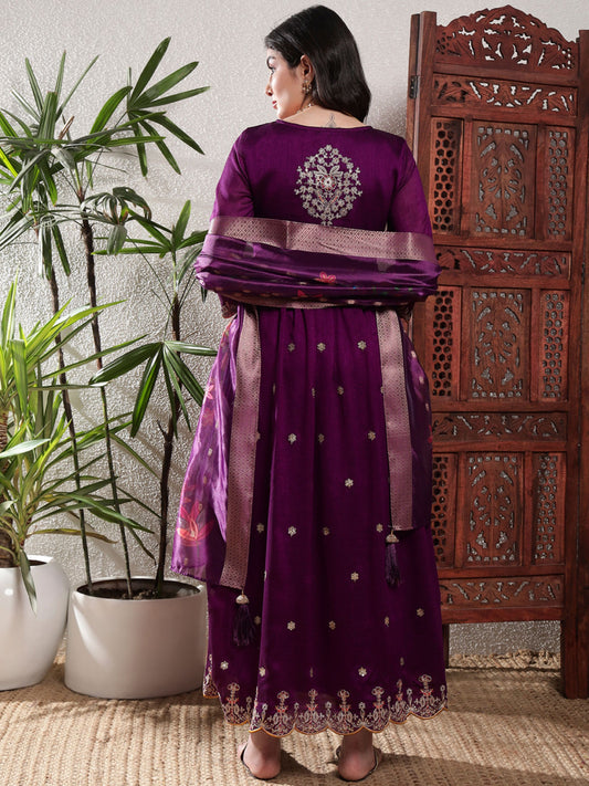 Dark Purple Embroidered Silk Women's Kurta, Pyjama & Dupatta Set