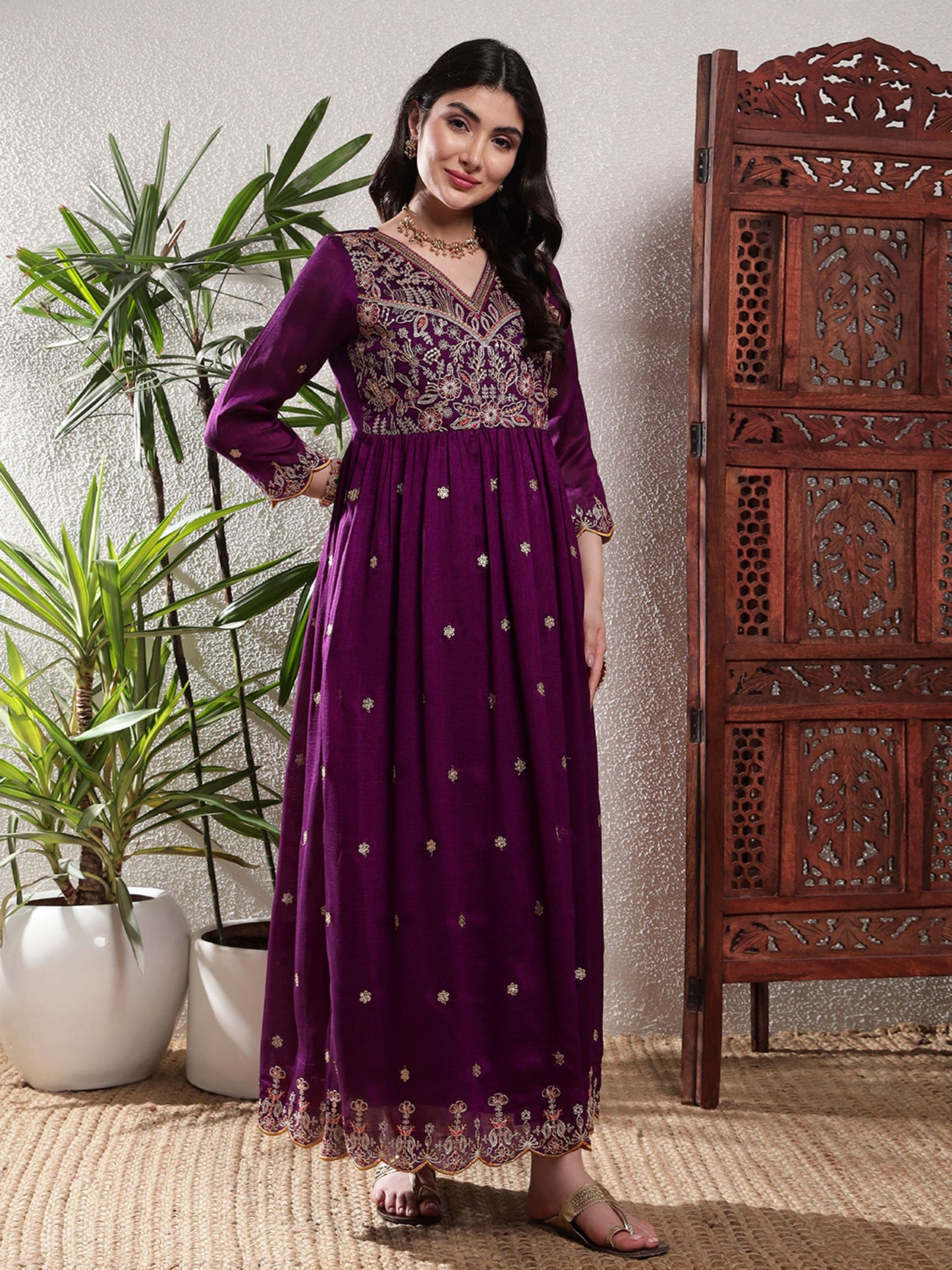 Dark Purple Embroidered Silk Women's Kurta, Pyjama & Dupatta Set