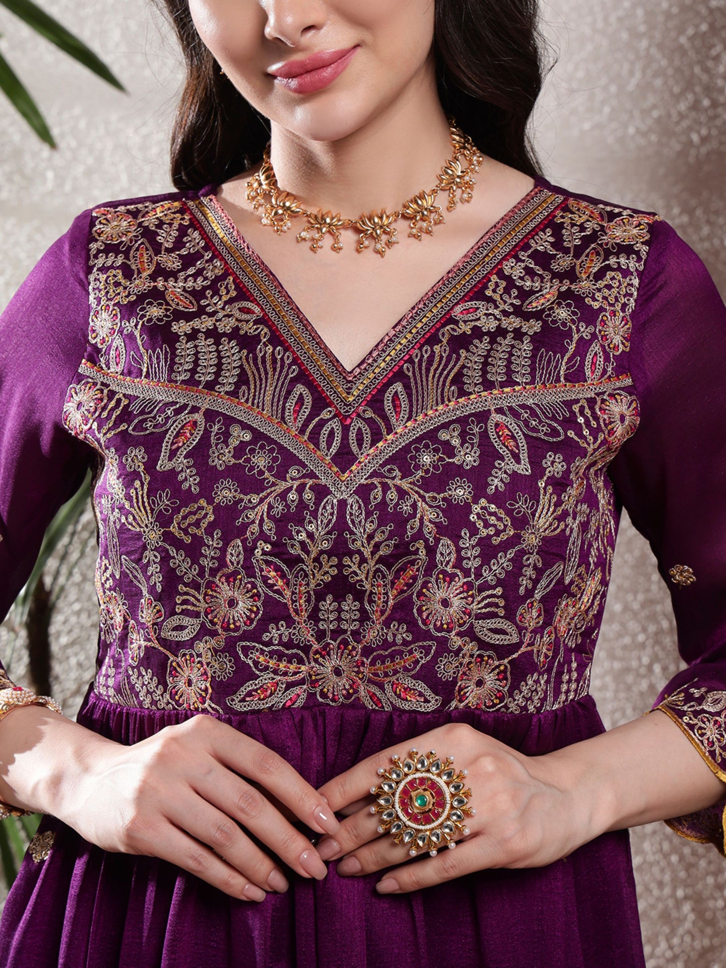 Dark Purple Embroidered Silk Women's Kurta, Pyjama & Dupatta Set