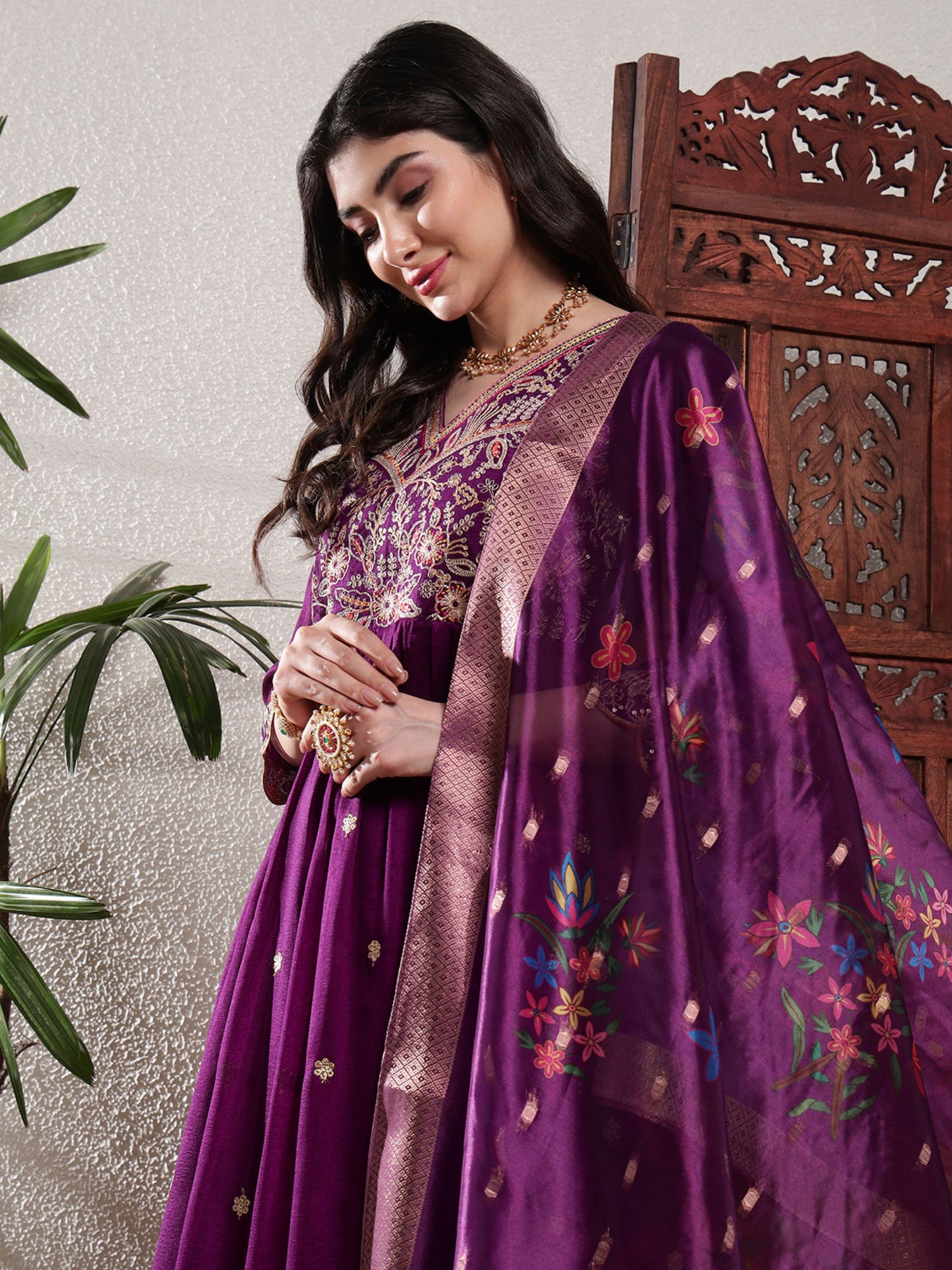 Dark Purple Embroidered Silk Women's Kurta, Pyjama & Dupatta Set
