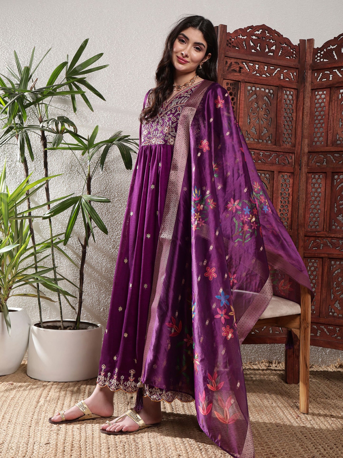 Dark Purple Embroidered Silk Women's Kurta, Pyjama & Dupatta Set