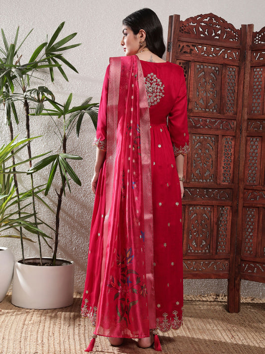 Raspberry Pink Embroidered Silk Women's Kurta, Pyjama & Dupatta Set