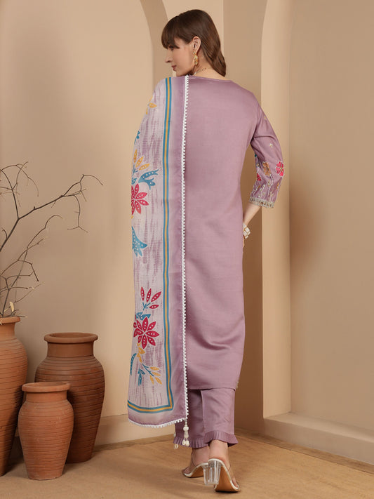 Heather Purple Embroidered Viscose Women's Kurta, Pyjama & Dupatta Set