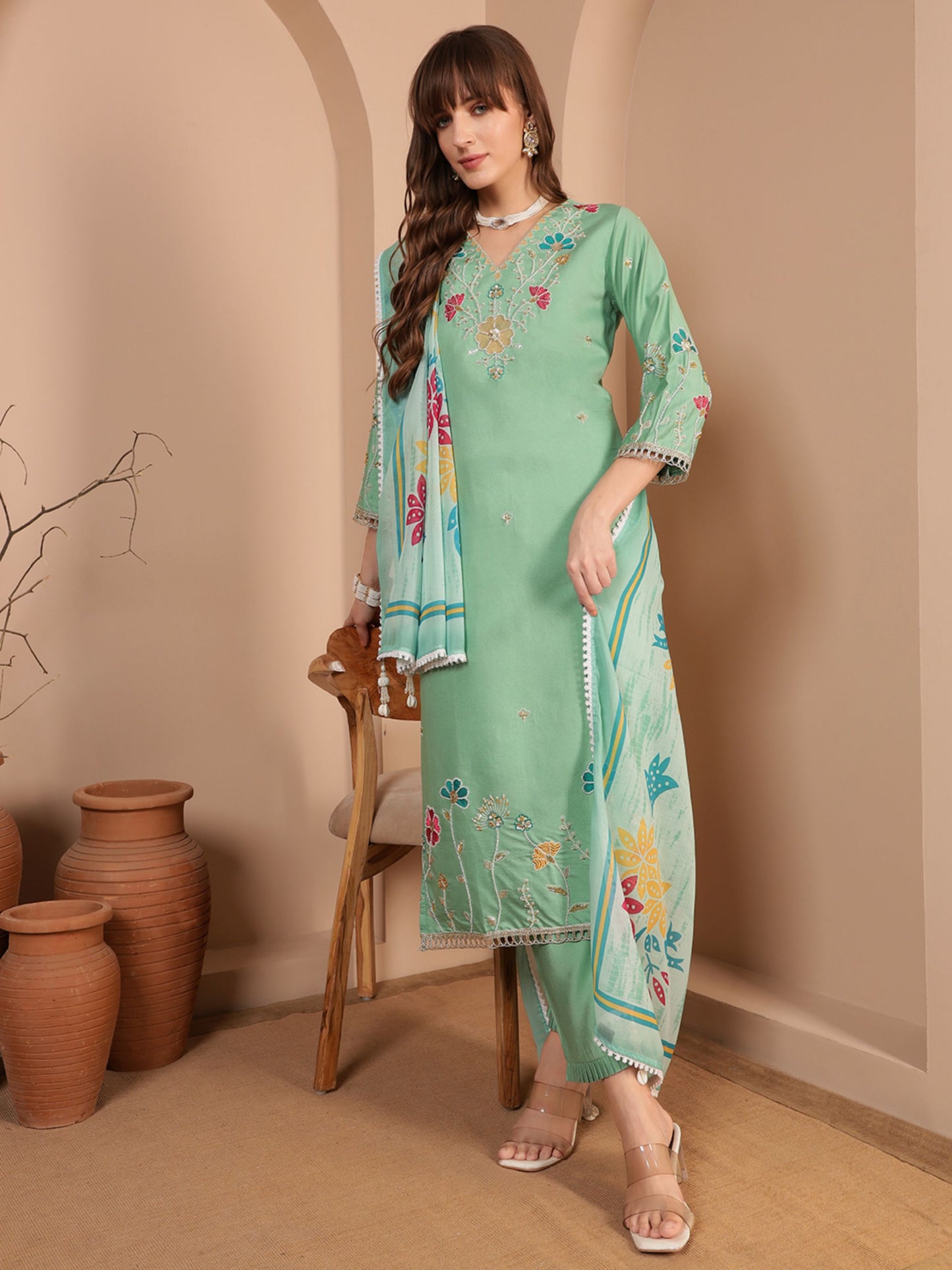 Heather Purple Embroidered Viscose Women's Kurta, Pyjama & Dupatta Set
