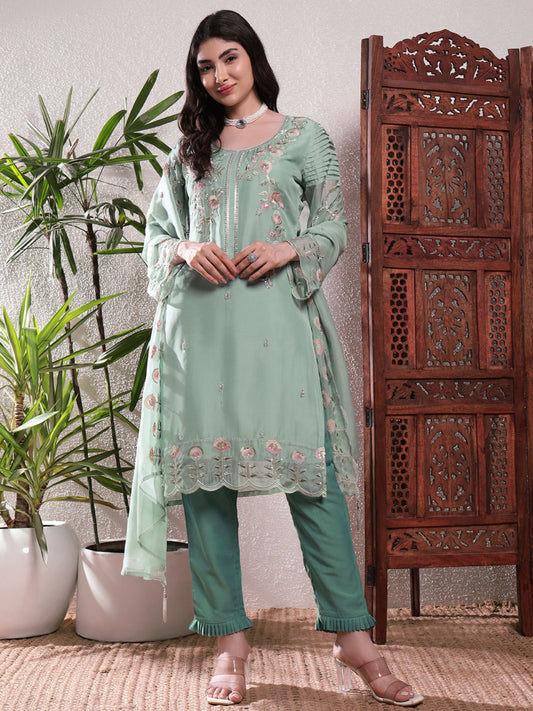 Topaz Green Embroidered Silk Women's Kurta, Pyjama & Dupatta Set