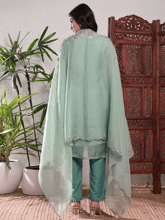 Topaz Green Embroidered Silk Women's Kurta, Pyjama & Dupatta Set