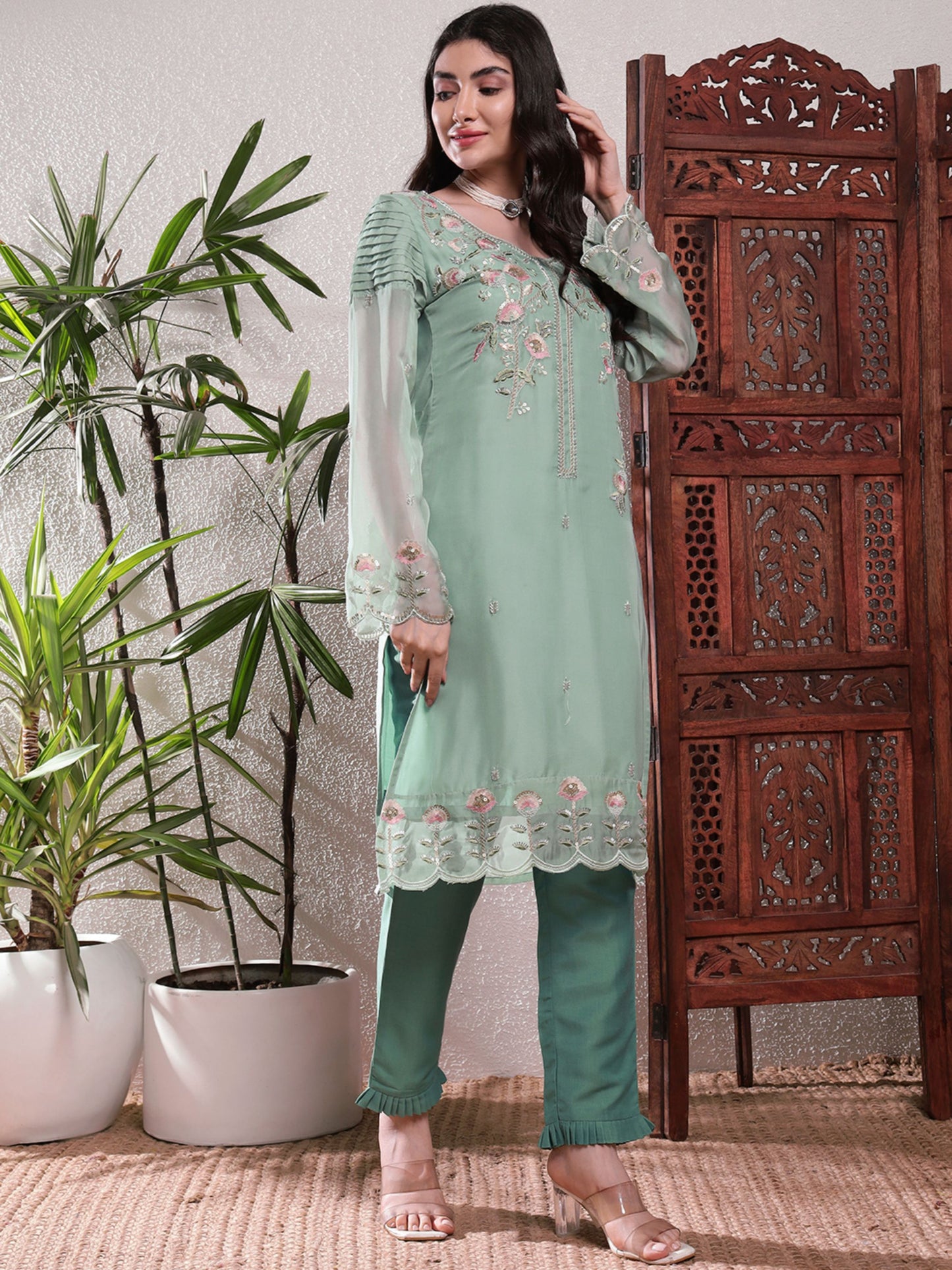 Topaz Green Embroidered Silk Women's Kurta, Pyjama & Dupatta Set