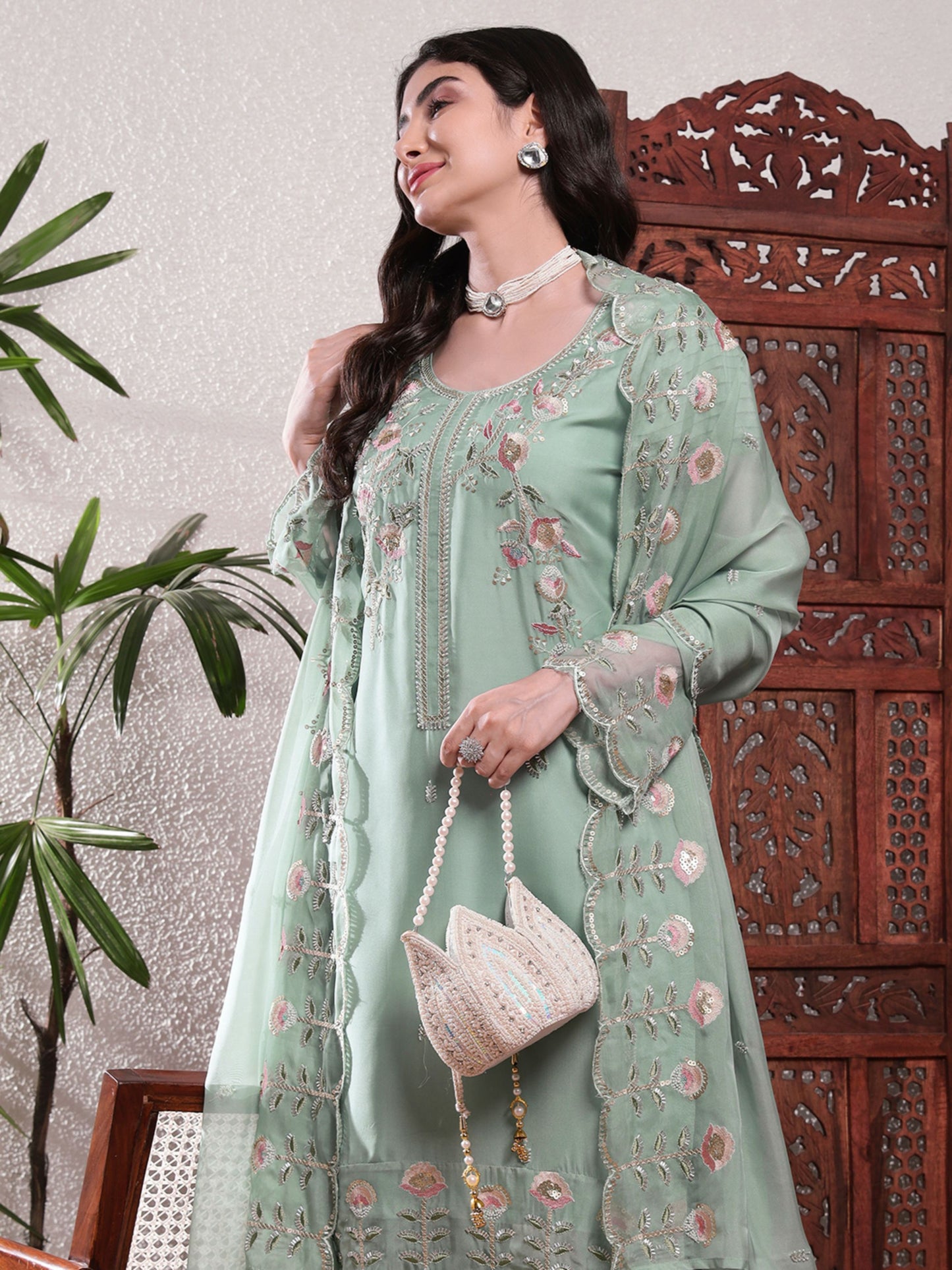 Topaz Green Embroidered Silk Women's Kurta, Pyjama & Dupatta Set