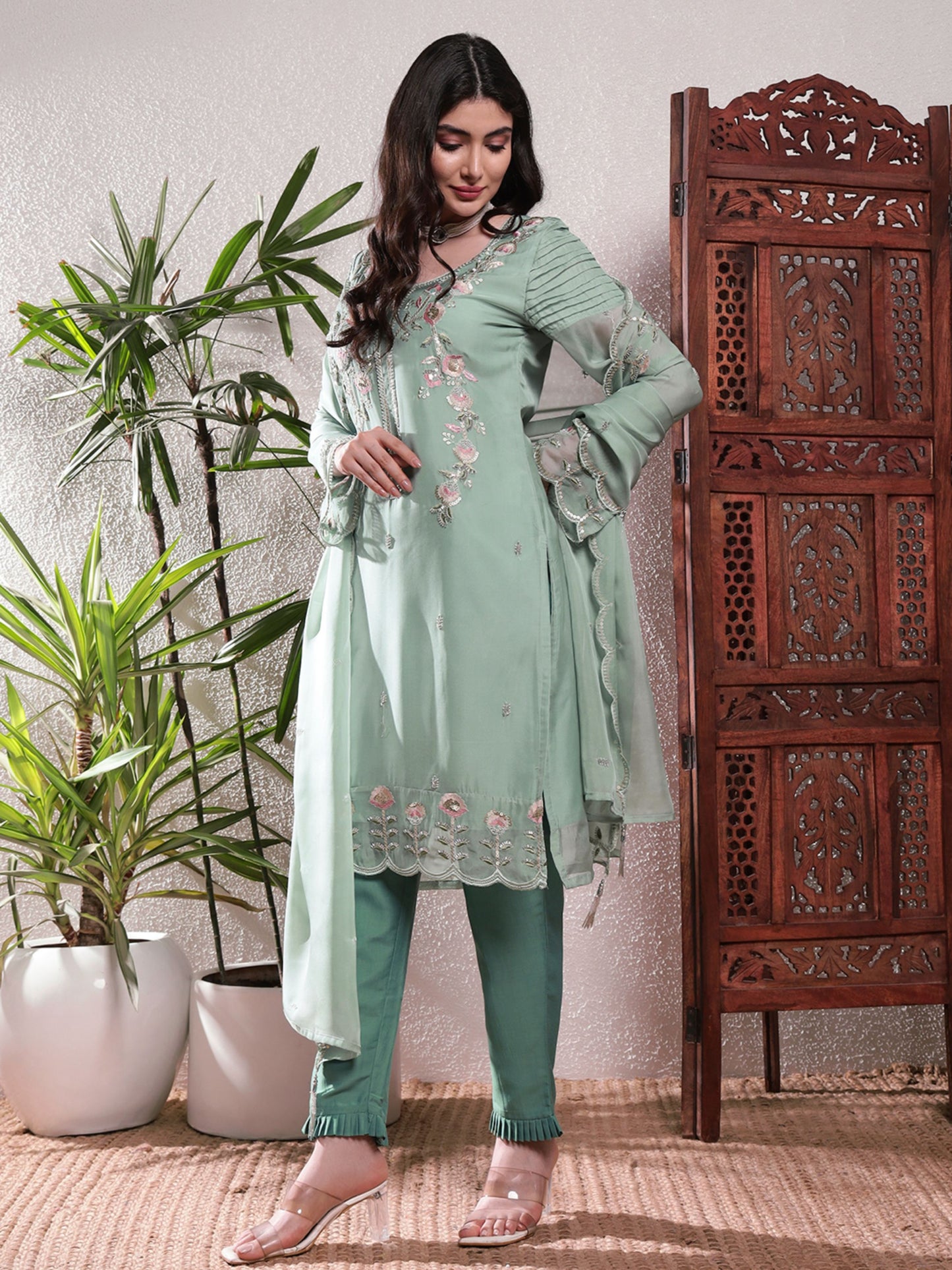 Topaz Green Embroidered Silk Women's Kurta, Pyjama & Dupatta Set