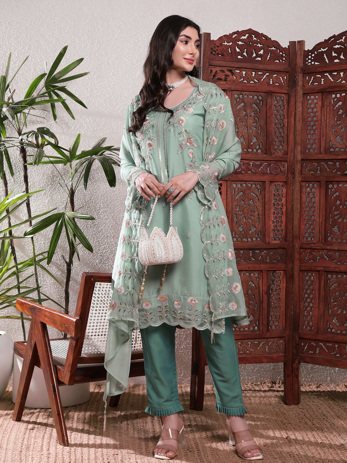 Topaz Green Embroidered Silk Women's Kurta, Pyjama & Dupatta Set