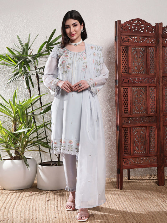 Baby Blue Embroidered Silk Women's Kurta, Pyjama & Dupatta Set