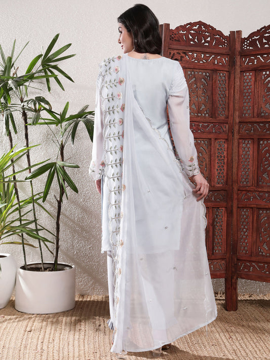 Baby Blue Embroidered Silk Women's Kurta, Pyjama & Dupatta Set