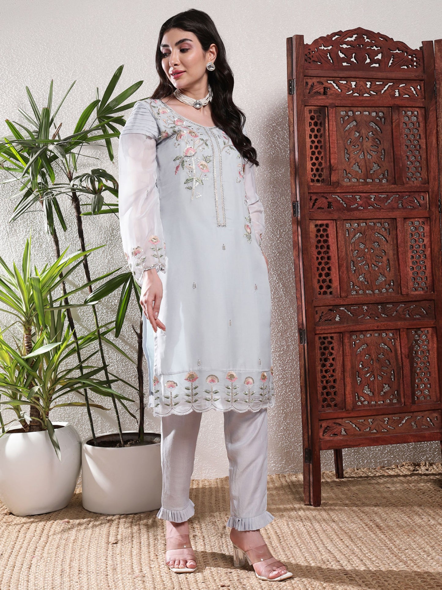 Baby Blue Embroidered Silk Women's Kurta, Pyjama & Dupatta Set
