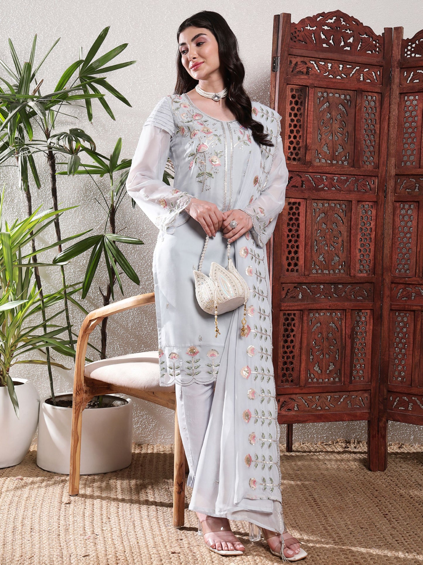 Baby Blue Embroidered Silk Women's Kurta, Pyjama & Dupatta Set