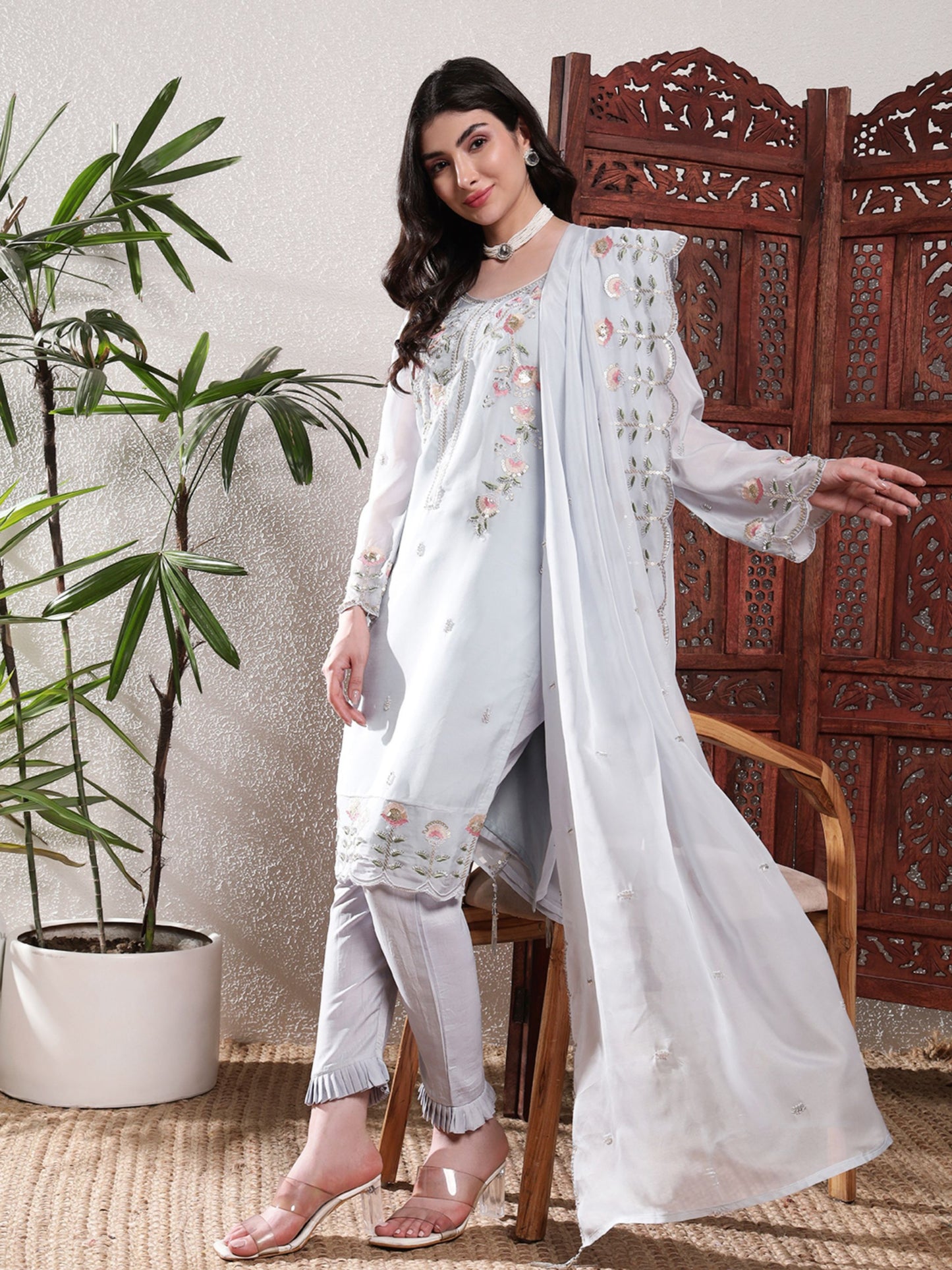 Baby Blue Embroidered Silk Women's Kurta, Pyjama & Dupatta Set