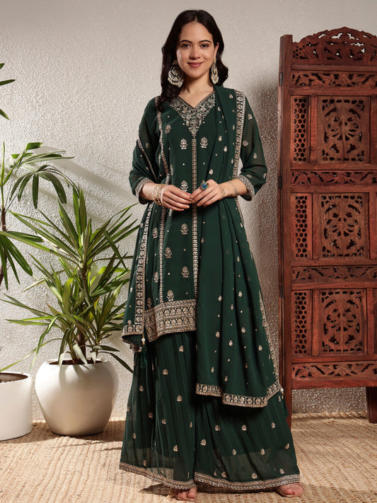 Sacramento Green Embroidered Georgette Women's Kurta and Palazzo Set