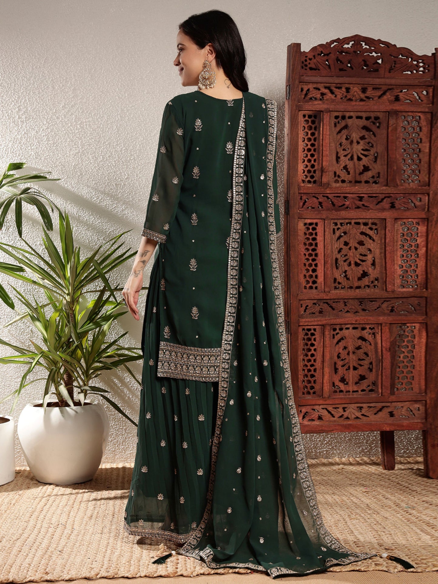 Sacramento Green Embroidered Georgette Women's Kurta and Palazzo Set