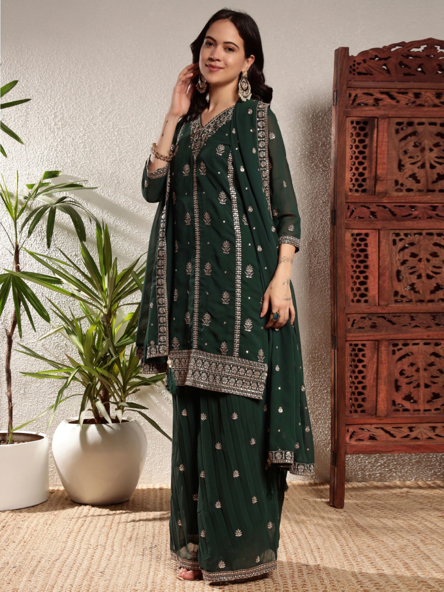 Sacramento Green Embroidered Georgette Women's Kurta and Palazzo Set