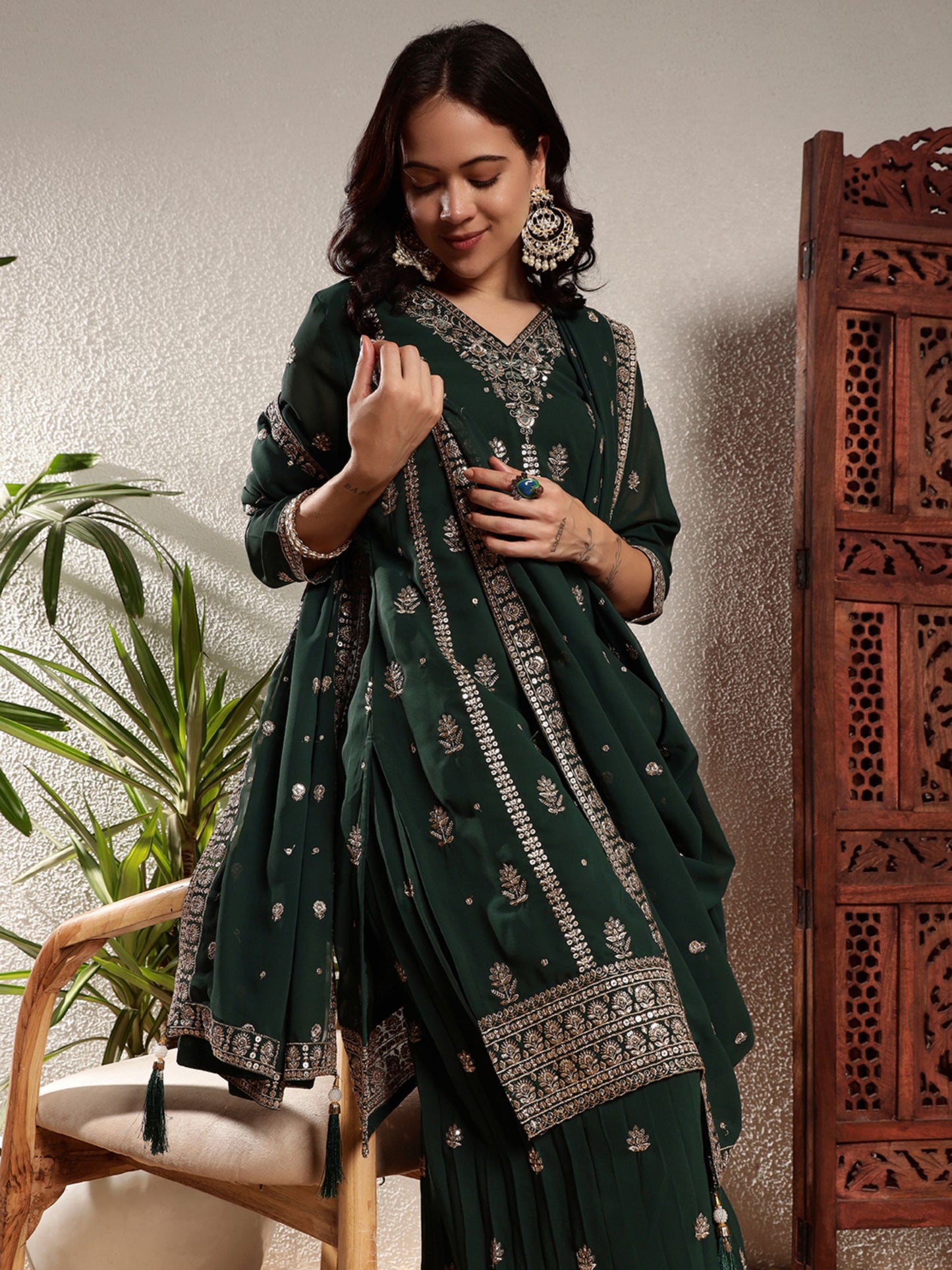 Sacramento Green Embroidered Georgette Women's Kurta and Palazzo Set