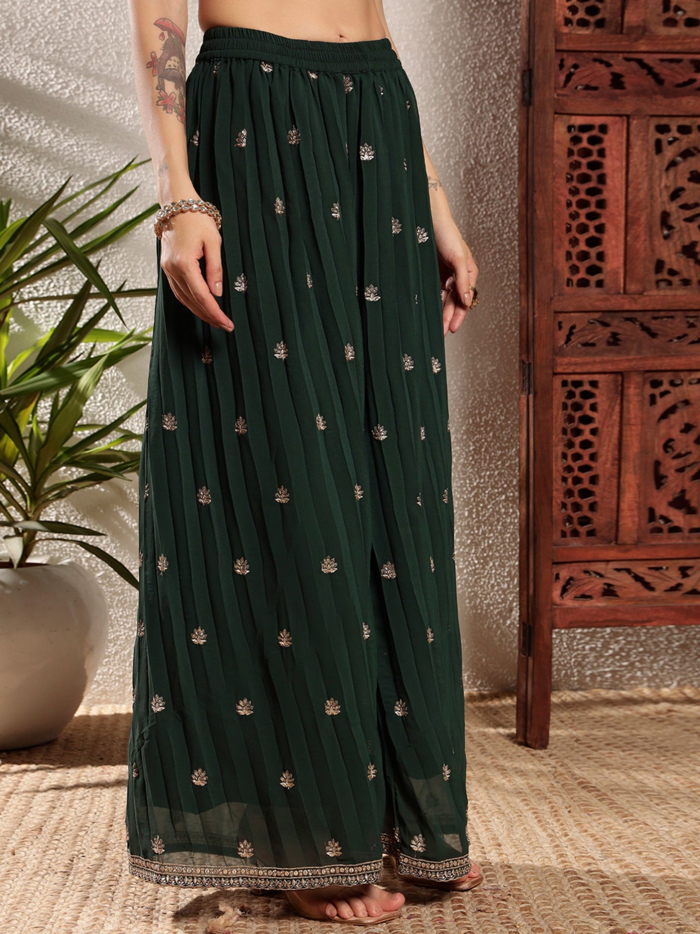 Sacramento Green Embroidered Georgette Women's Kurta and Palazzo Set