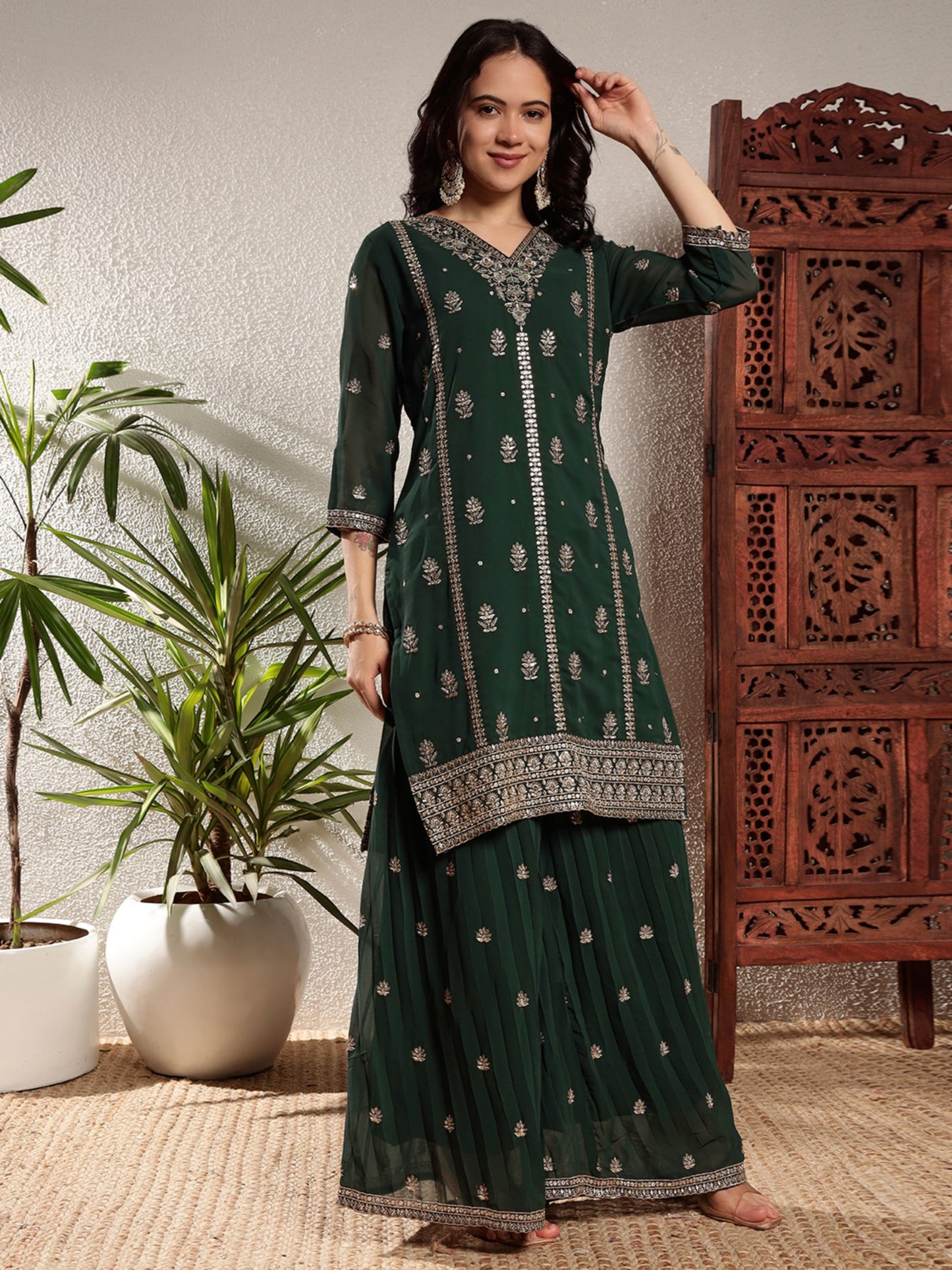 Sacramento Green Embroidered Georgette Women's Kurta and Palazzo Set