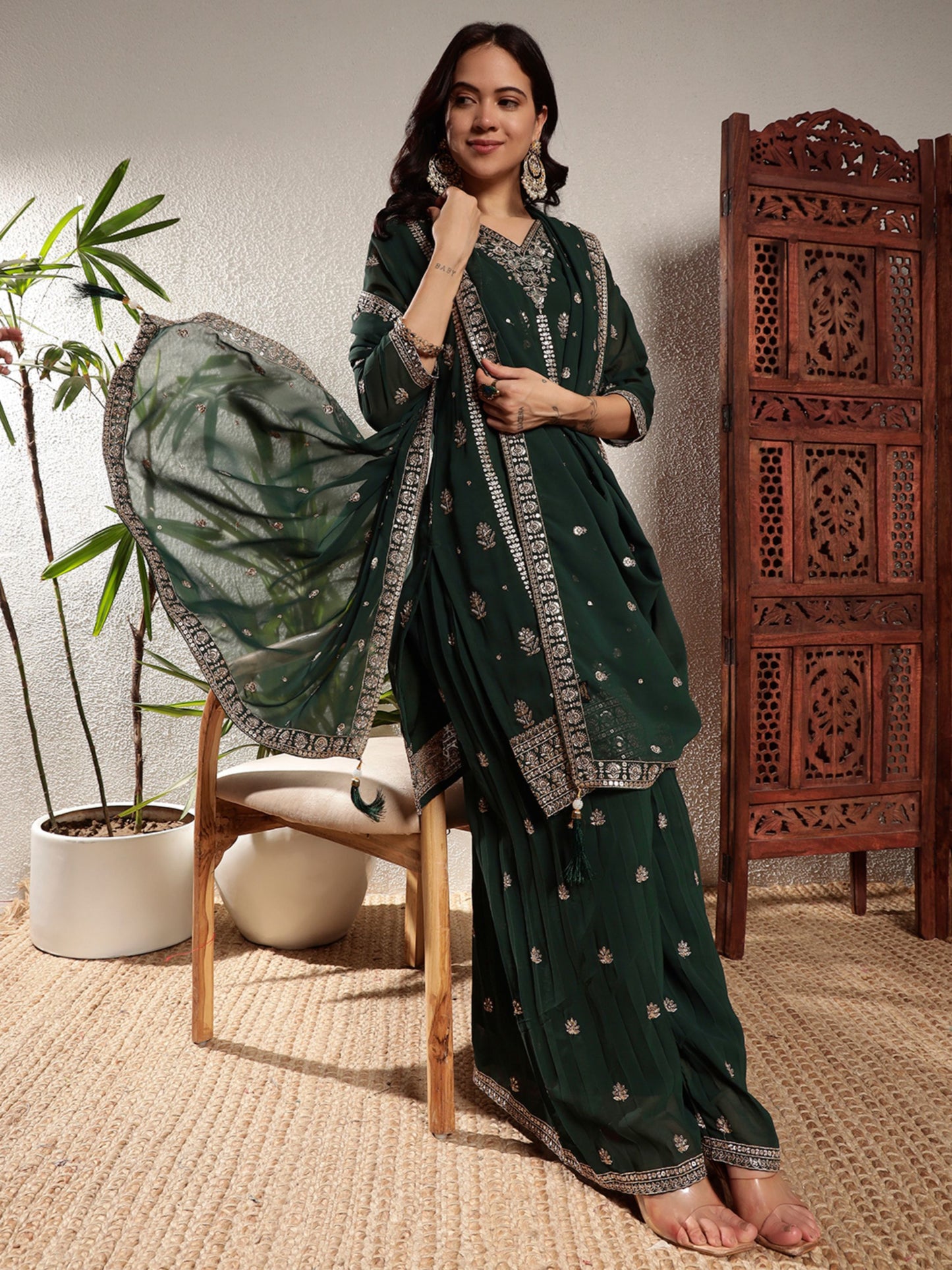 Sacramento Green Embroidered Georgette Women's Kurta and Palazzo Set