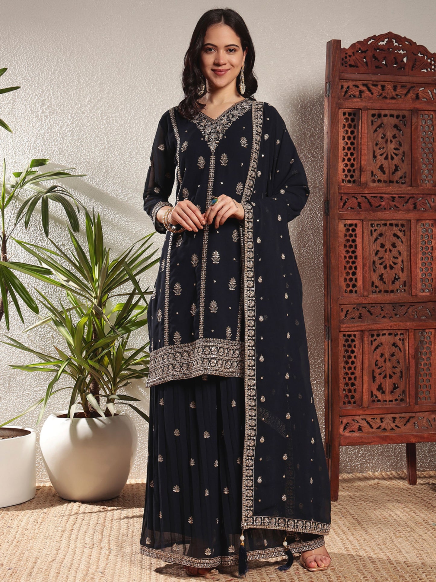 Navy Blue Embroidered Georgette Women's Kurta and Palazzo Set
