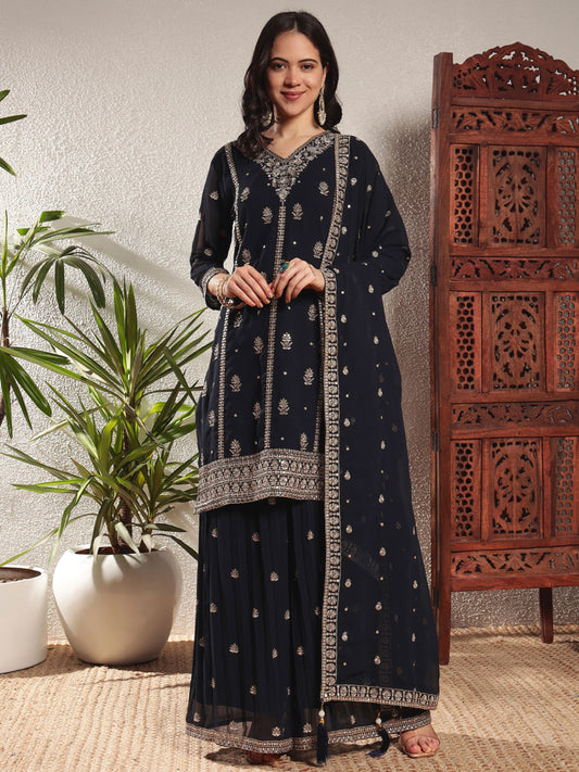 Navy Blue Embroidered Georgette Women's Kurta and Palazzo Set