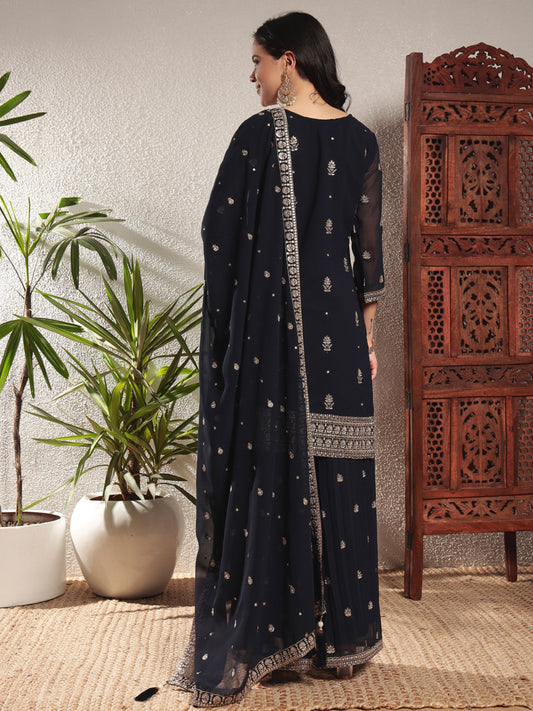 Navy Blue Embroidered Georgette Women's Kurta and Palazzo Set
