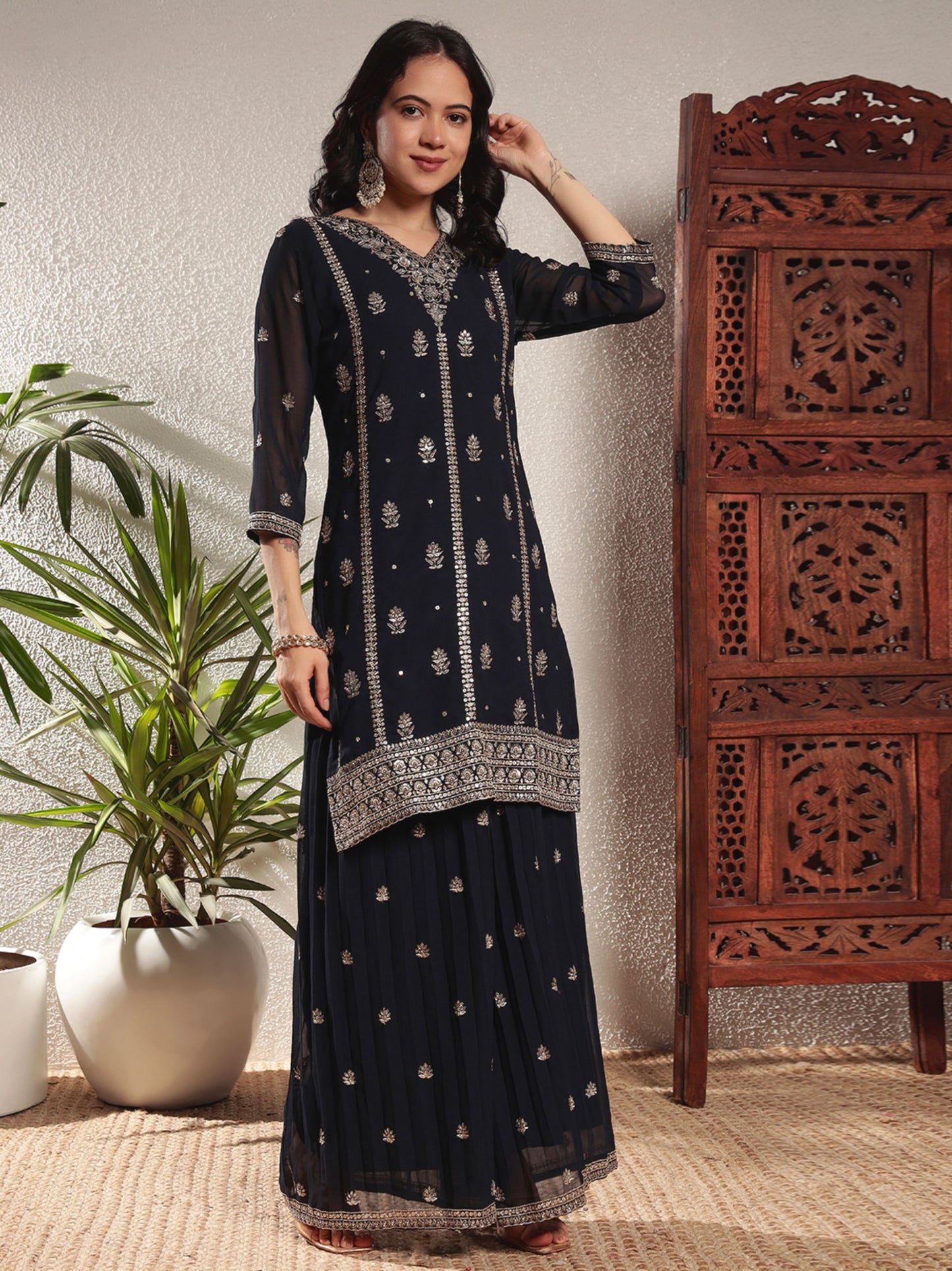 Navy Blue Embroidered Georgette Women's Kurta and Palazzo Set
