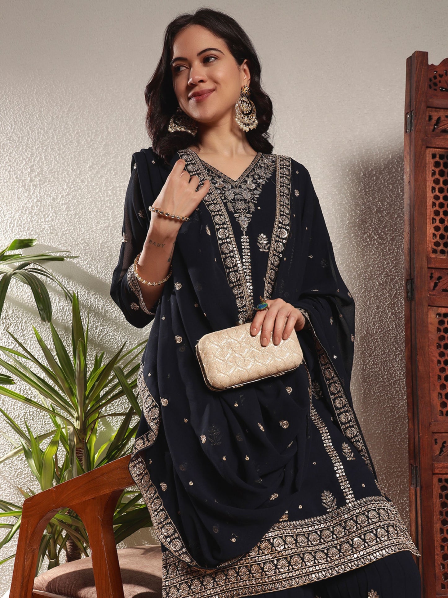 Navy Blue Embroidered Georgette Women's Kurta and Palazzo Set