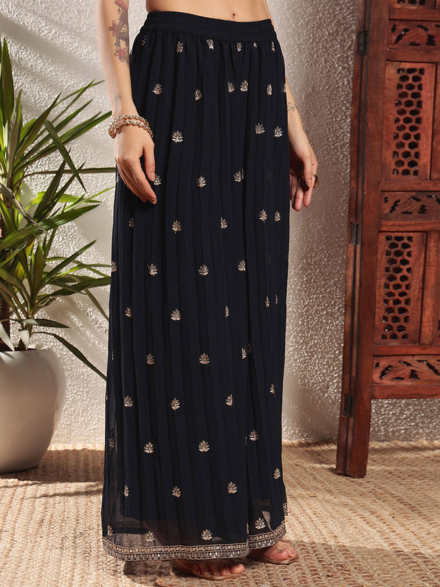 Navy Blue Embroidered Georgette Women's Kurta and Palazzo Set